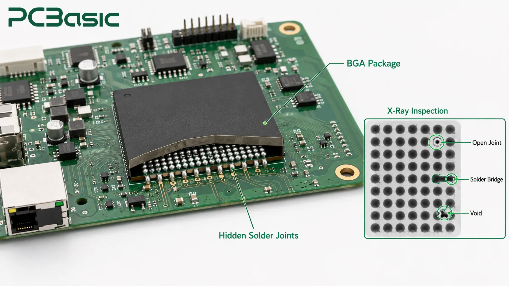 BGA assembly with hidden solder joints and X-ray defect inspection