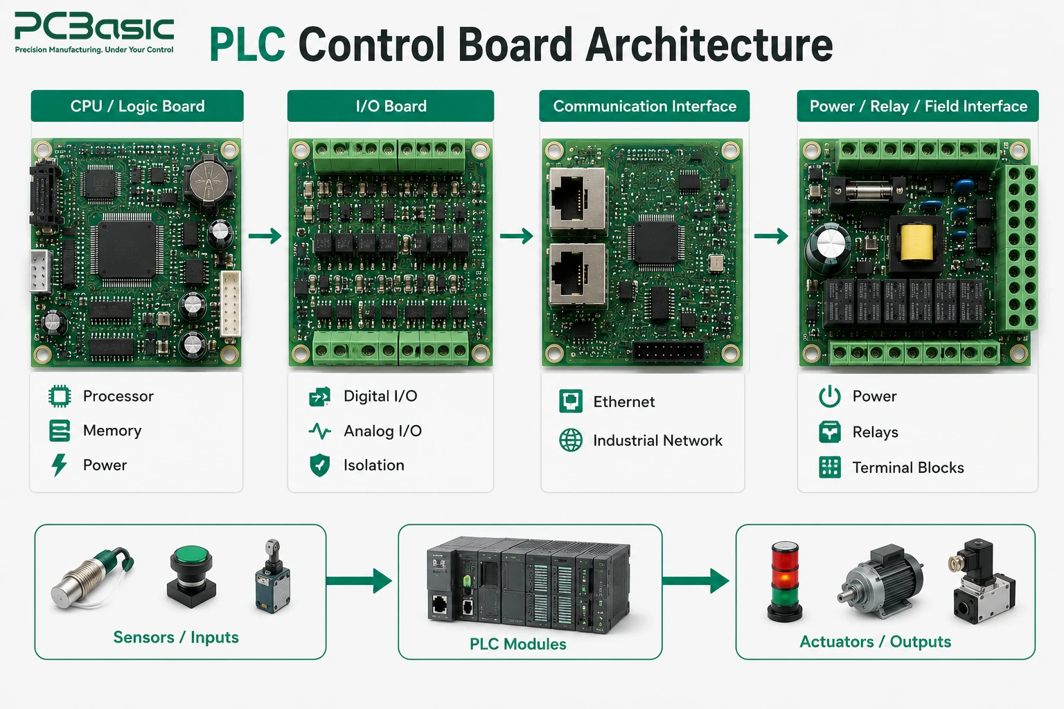 PLC control board architecture with CPU, IO, communication, and power modules PLC control board architecture with CPU, IO, communication, and power modules
