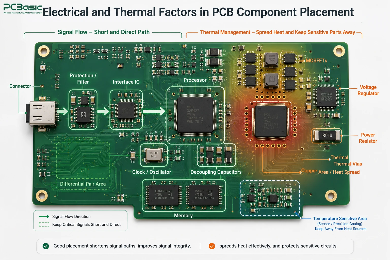 PCB component placement for signal and thermal performance