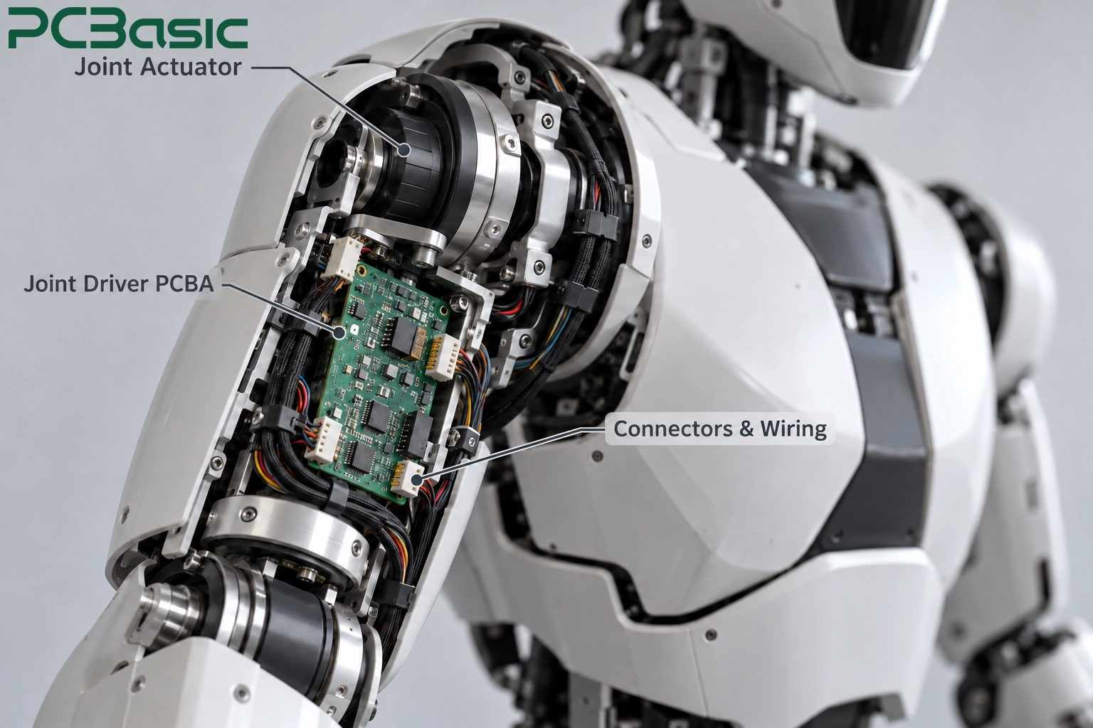 PCB and wiring inside a humanoid robot arm