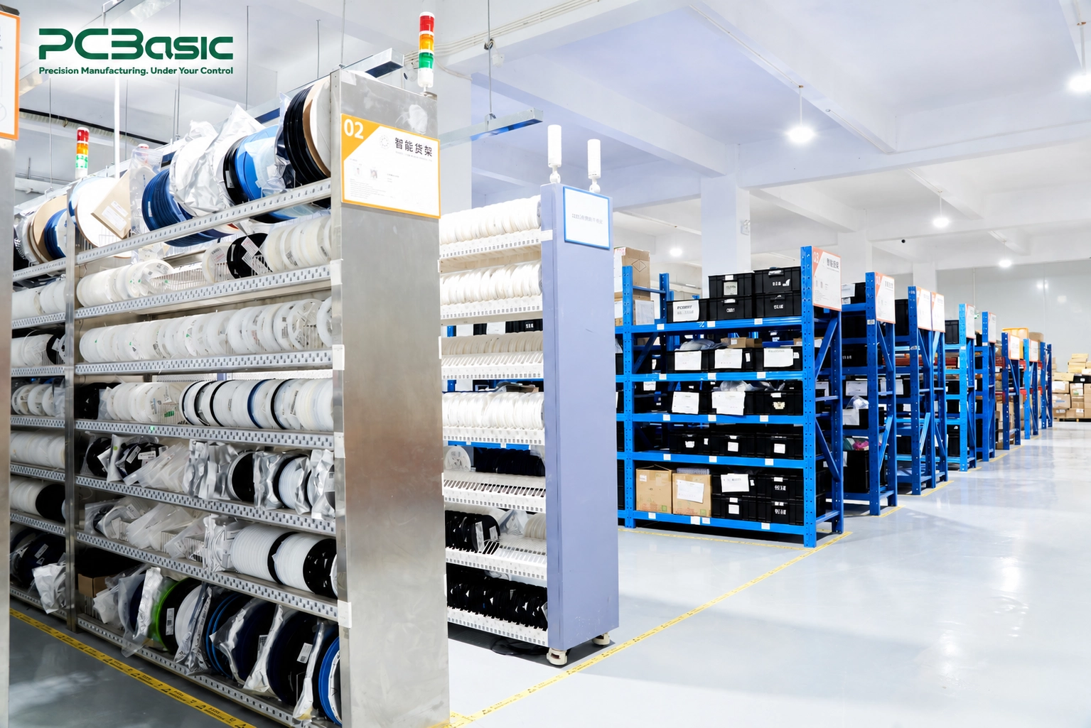 Component warehouse with smart storage racks at PCBasic Component warehouse with smart storage racks at PCBasic