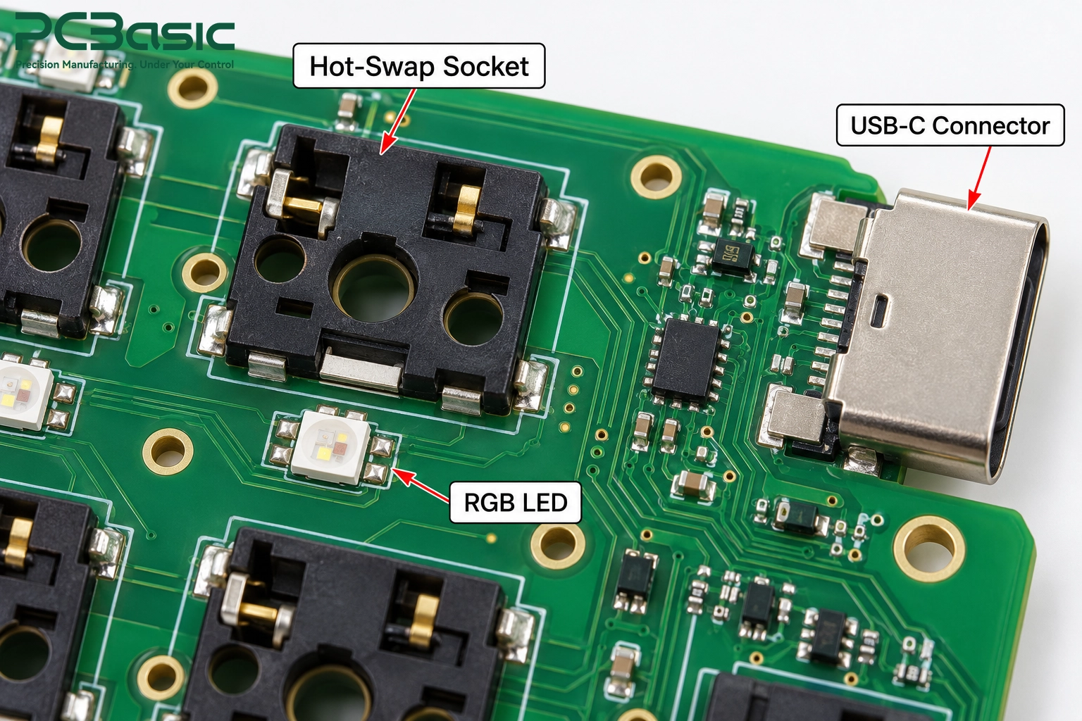 Hot-swap socket, RGB LED and USB-C on keyboard PCB Hot-swap socket, RGB LED and USB-C on keyboard PCB